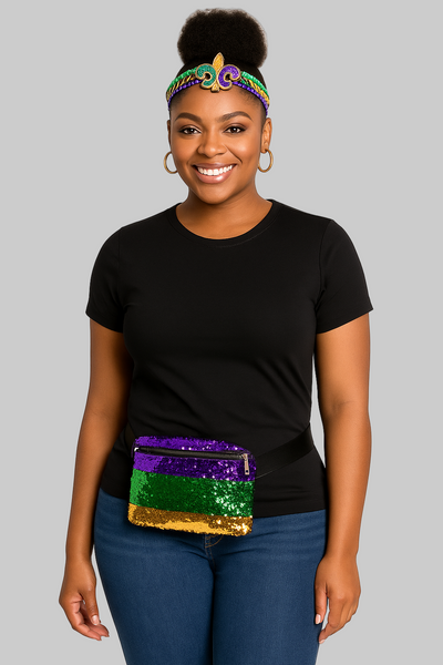Woman wearing a black t-shirt with a colorful sequin belt bag on a white background