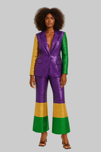 Model wearing a colorful suit with purple, yellow, and green on a white background