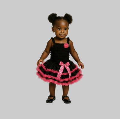 Young girl wearing a black dress with pink accents on a gray background