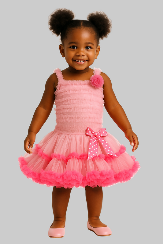 Young girl wearing a pink dress with ruffles and a bow on a white background