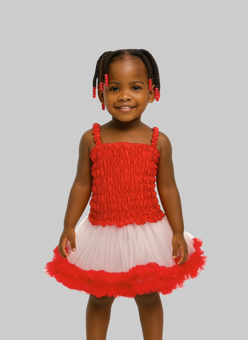 Young girl wearing a red and white dress against a gray background