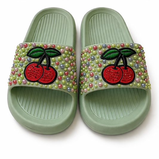 Cherry Pop Luxe Slides – Embellished Statement Comfort Slides