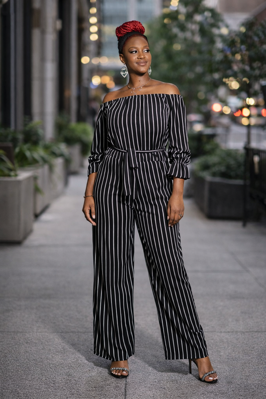 City Chic Pinstripe Off-Shoulder Jumpsuit — Effortless Confidence