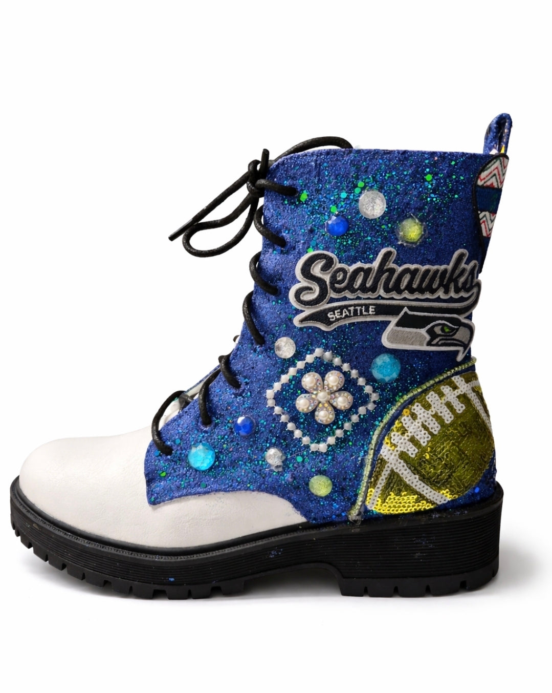 Decorative boot with 'Seahawks' branding on a white background