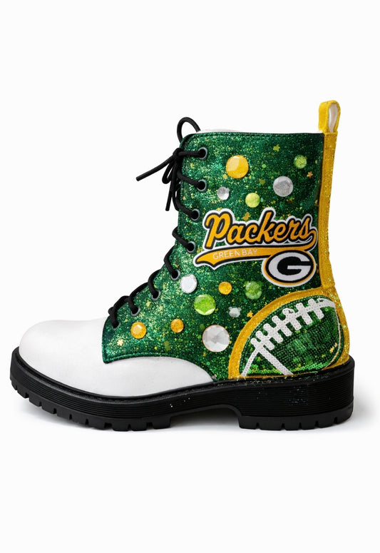 Green Bay Packers themed boot with decorative elements on a white background