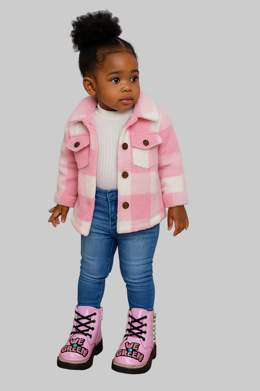 Child wearing a pink plaid coat, white shirt, blue jeans, and pink boots on a gray background