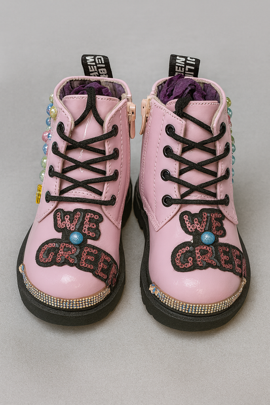 Custom Pink “We Great” Embellished Toddler Combat Boots – Size 10