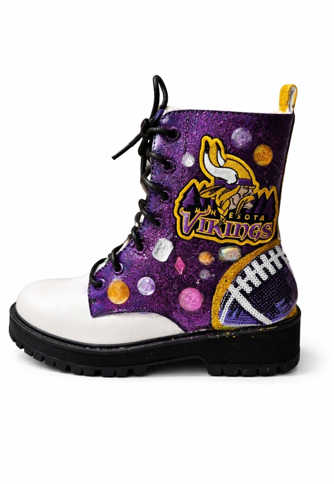 Purple boot with football design and Minnesota Vikings logo on a white background