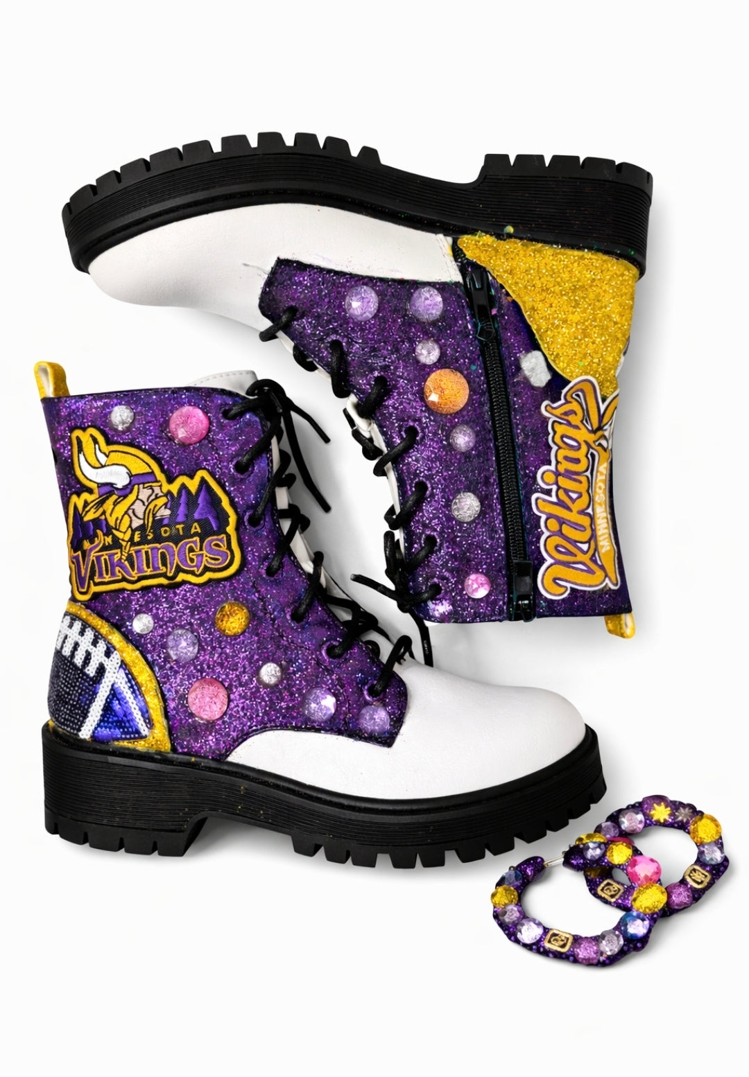 Pair of decorative boots with 'Vikings' branding on a white background