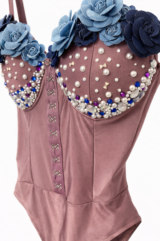 Custom Pearl & Floral Embellished Satin Bodysuit – Luxury Statement Piece (Handcrafted)