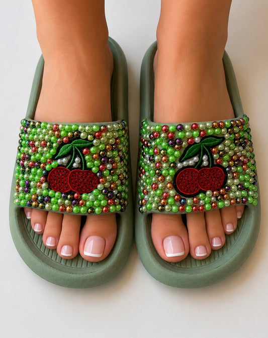 Cherry Pop Luxe Slides – Embellished Statement Comfort Slides