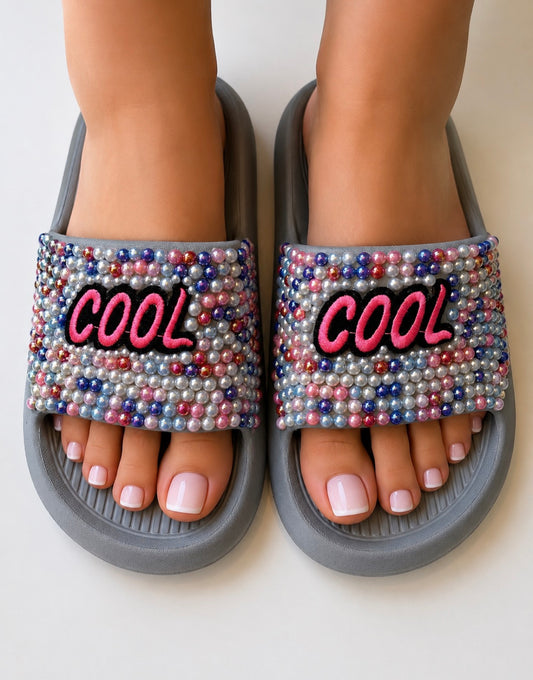 “COOL GIRL” Embellished Slides – Rhinestone Pearl Statement Sandals