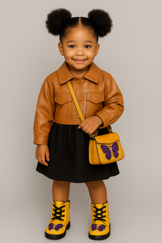Child wearing a brown jacket, black skirt, and yellow boots with a matching bag on a plain background