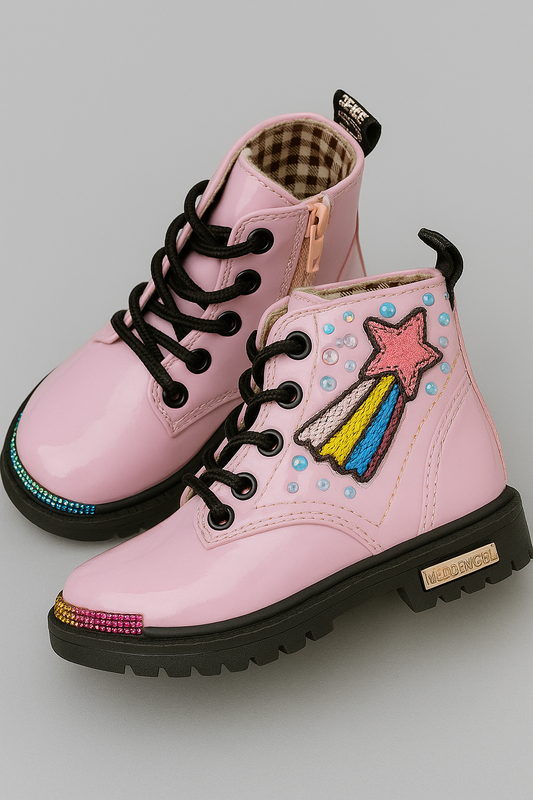 Pink boots with black laces and a star design on a gray background