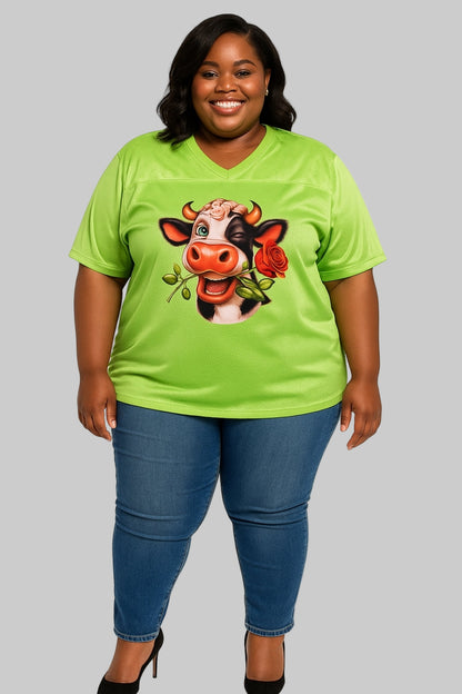 Custom Rhinestone Cow Jersey Top – Lime Green with Playful Cow Design