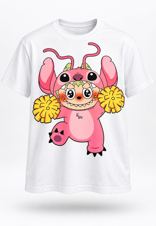 A white short-sleeve crewneck t-shirt featuring a colorful graphic print of a pink cartoon character with yellow pom-poms, displayed on a clean white background.
