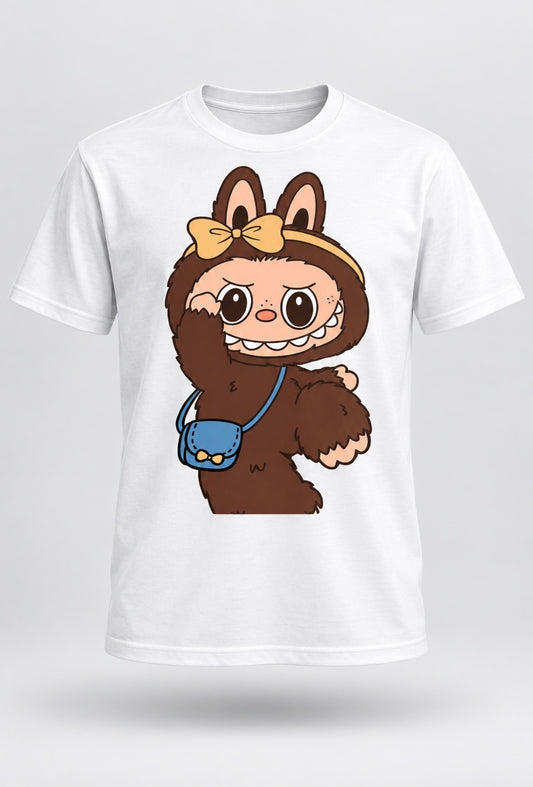 A white short-sleeve crewneck t-shirt featuring a cartoon graphic of a cute brown bunny character with a yellow bow, blue purse, and pink cheeks, displayed on a light gray background.