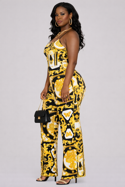 Regal Noir Baroque Backless Jumpsuit – Black & Gold Statement Fit