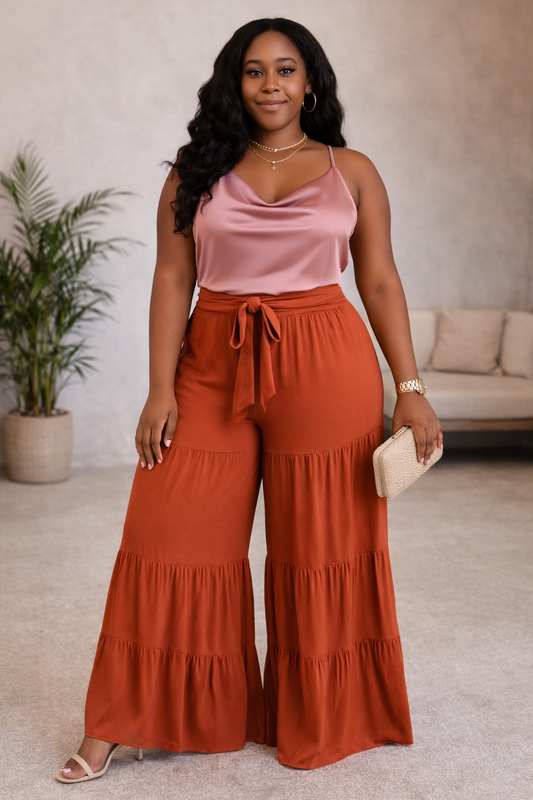 Rust Tiered Wide-Leg Palazzo Pants