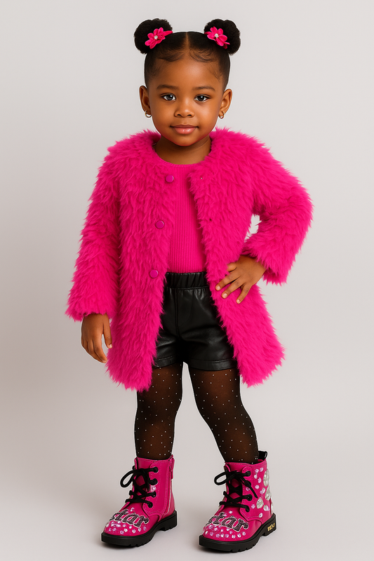 Child wearing a bright pink fluffy coat, black leather pants, and pink boots with polka dots on a light gray background.