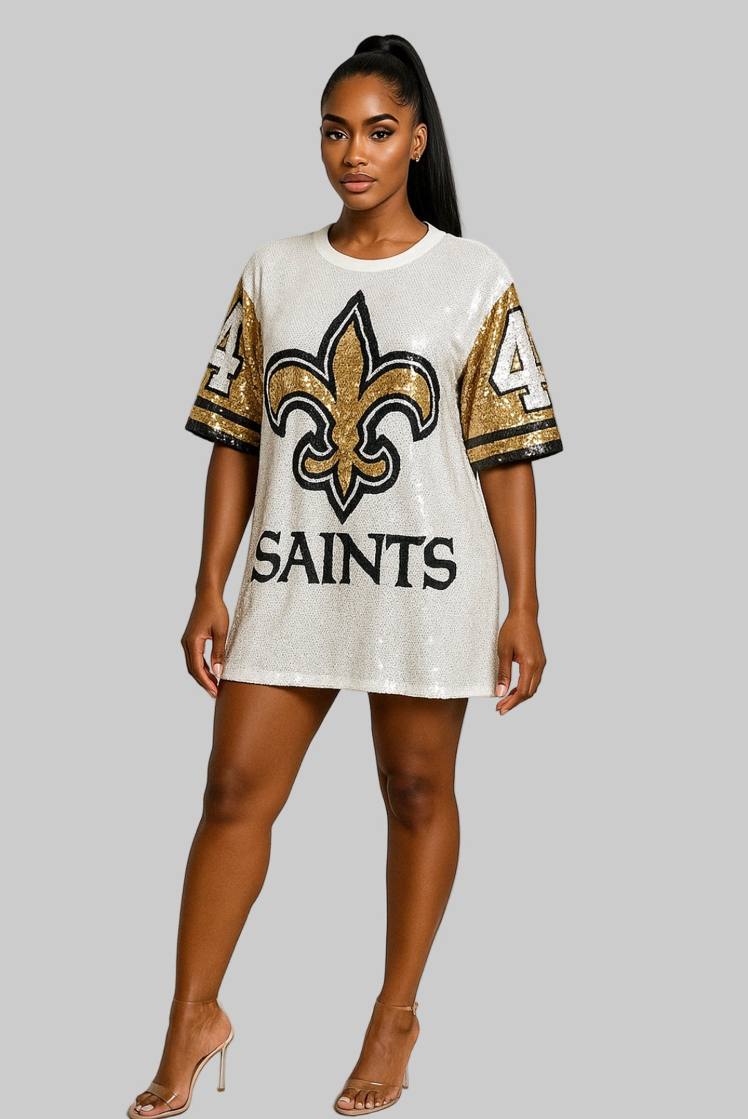 Sequence white dress with gold flur de lis symbol – Twinslocedattwo
