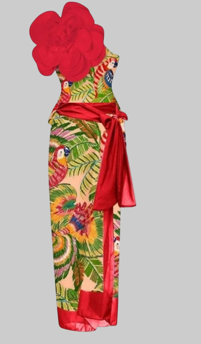 Tropical Paradise Two-Piece Set – Parrot Print Swimsuit & Red Sarong Wrap