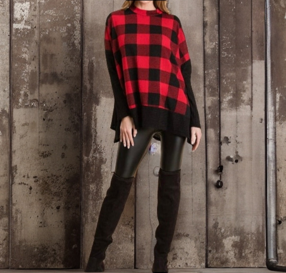 Cozy Buffalo Plaid Red and Black Sweater Top