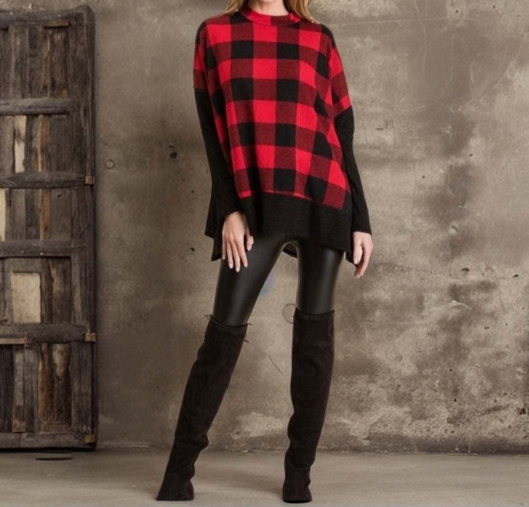 Cozy Buffalo Plaid Red and Black Sweater Top