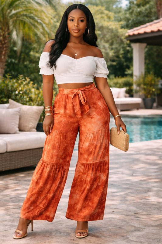 Sunset Swirl Wide-Leg Tie-Dye Pants Terra cotta