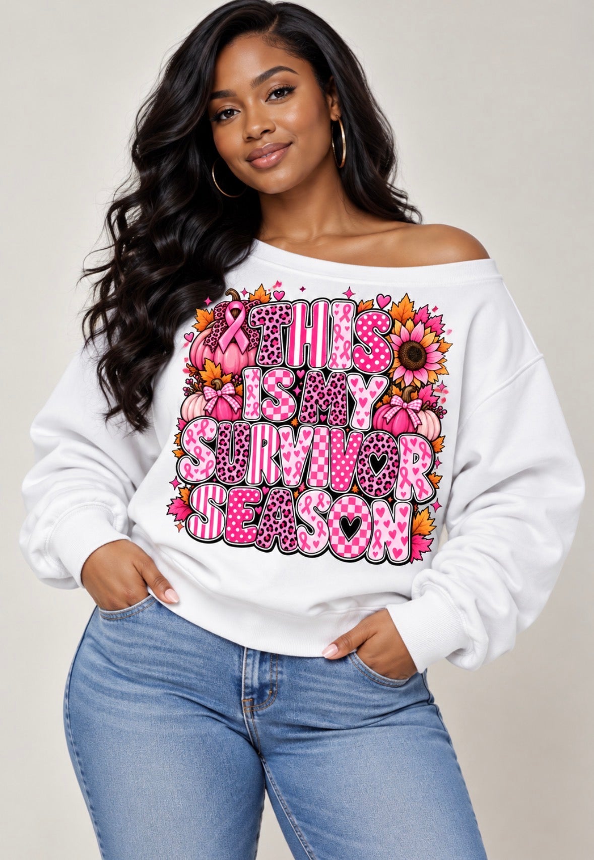 Women's Breast Cancer Awareness White Off-Shoulder Sweatshirt – Choose Your Design | Sizes L–XL