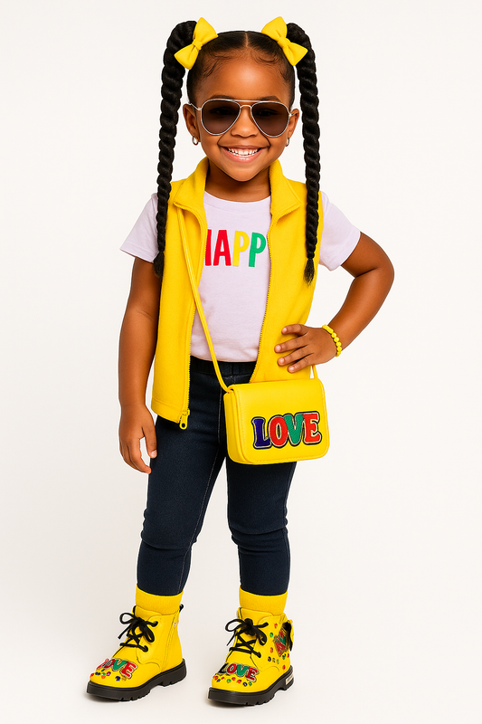 Child wearing a yellow outfit with 'LOVE' bag and colorful shoes on a white background