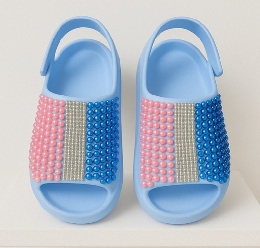 Handcrafted Pink, Pearl & Blue Rhinestone Slingback Slides