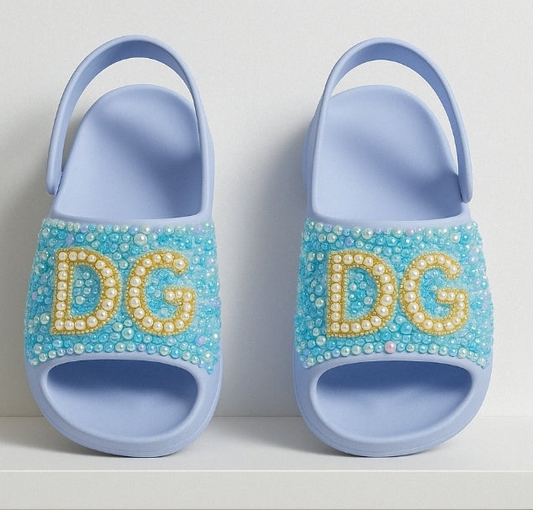 Handcrafted DG Blue Pearl Rhinestone Slingback Slides