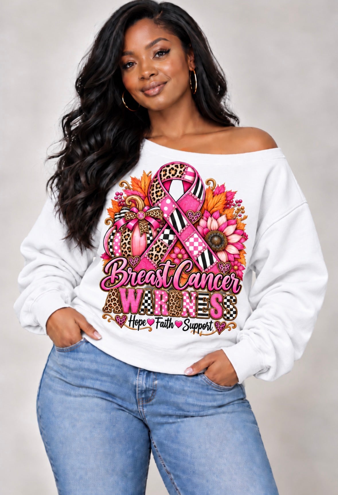 Women's Breast Cancer Awareness White Off-Shoulder Sweatshirt – Choose Your Design | Sizes L–XL