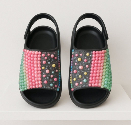 Handcrafted Rainbow Pearl Rhinestone Slingback Slides