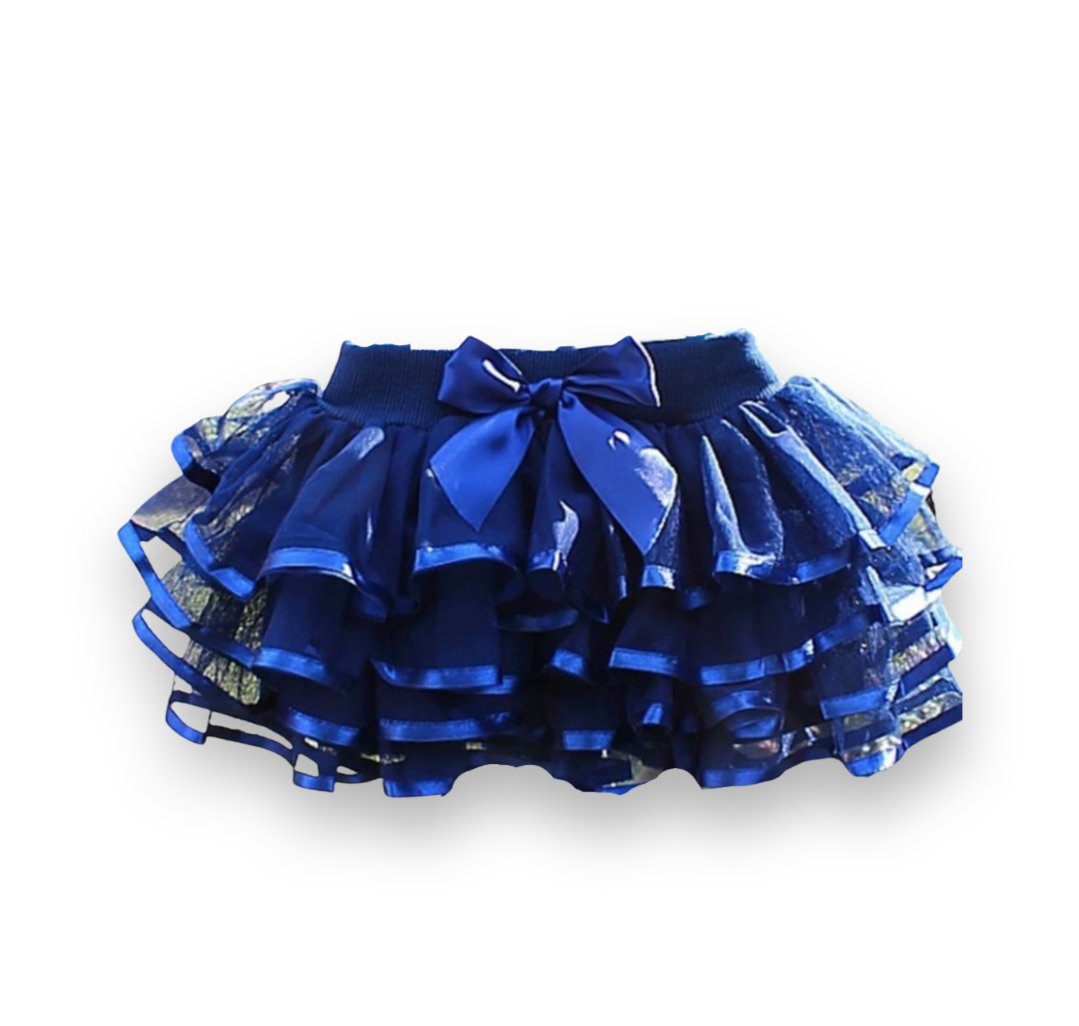 A pink tutu skirt with white ruffles and a front bow detail, designed for girls.