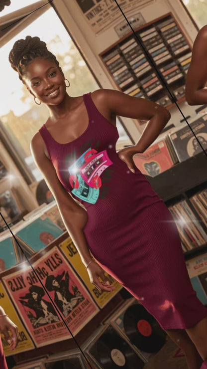 Burgundy Ribbed Bodycon Midi Dress | Graphic Tape Print Stretch Dress – Statement Street Style