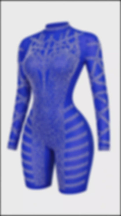 Royal Blue Rhinestone Sheer Bodycon Jumpsuit | Luxe Fitted Long Sleeve Romper | Glam Statement Outfit