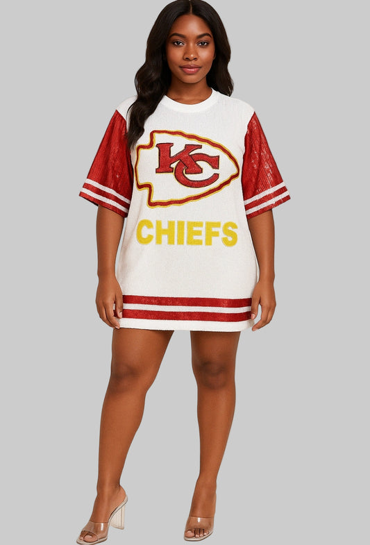 Sequence white dress with symbol graphics