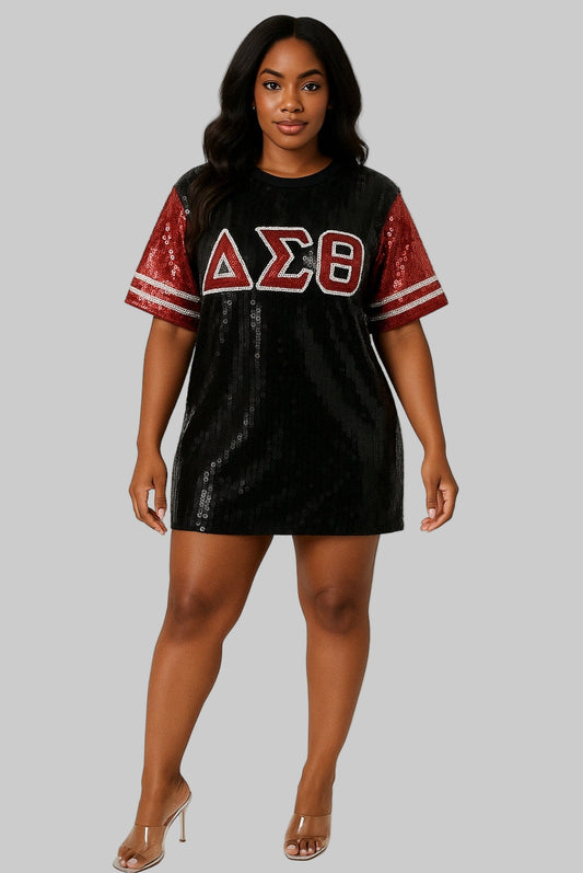 Black & Crimson Sequin Statement T-Shirt Dress