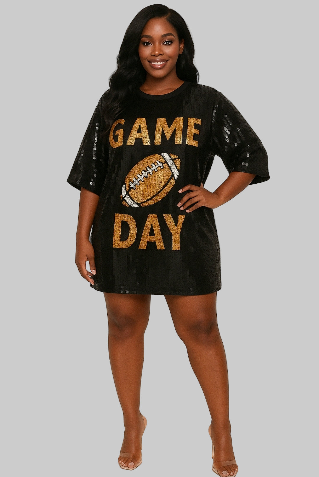 Sequence Black Game Day Dress with Gold Graphic Design Football and Lettering