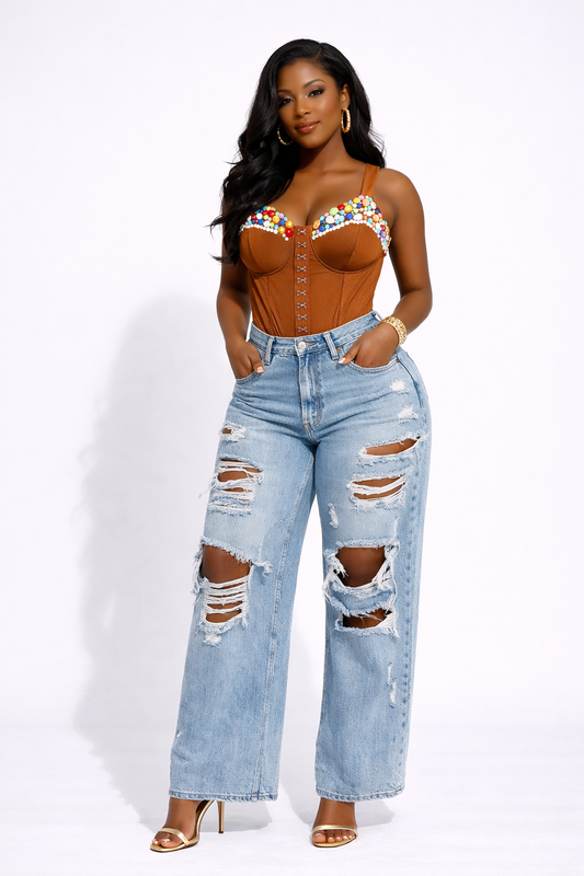 Rainbow Jewel Embellished Corset Bodysuit – Custom Rhinestone Statement Leotard