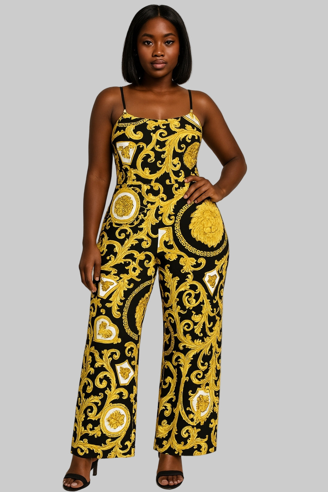 Regal Noir Baroque Backless Jumpsuit – Black & Gold Statement Fit