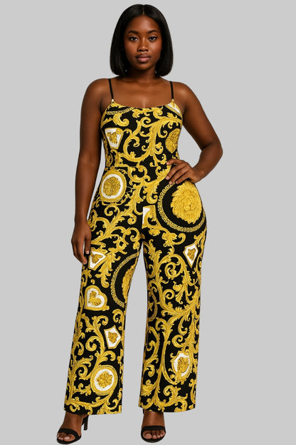 Regal Noir Baroque Backless Jumpsuit – Black & Gold Statement Fit