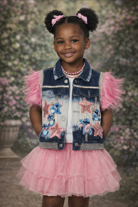 ReMade Kids “LOVE” Denim Vest – Custom Rhinestone & Star Patch Jacket