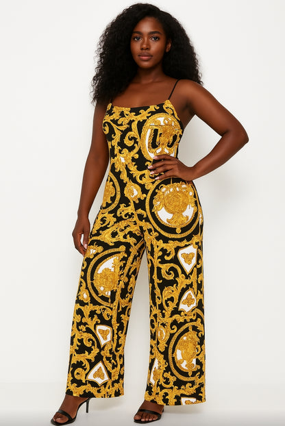 Regal Noir Baroque Backless Jumpsuit – Black & Gold Statement Fit