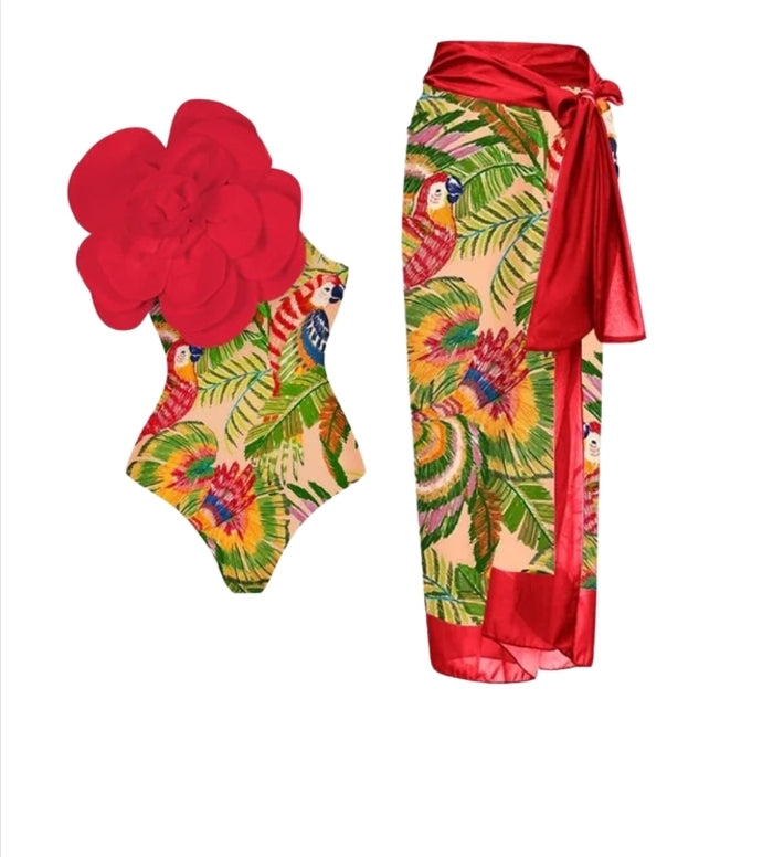 Tropical Paradise Two-Piece Set – Parrot Print Swimsuit & Red Sarong Wrap
