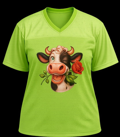 Custom Rhinestone Cow Jersey Top – Lime Green with Playful Cow Design