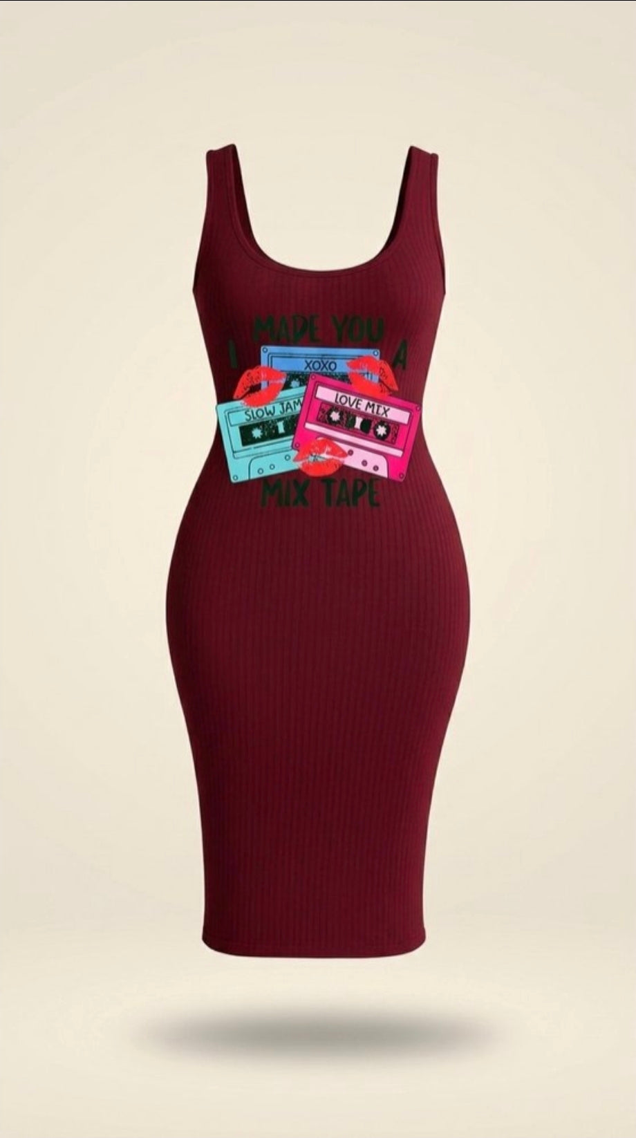 Burgundy Ribbed Bodycon Midi Dress | Graphic Tape Print Stretch Dress – Statement Street Style