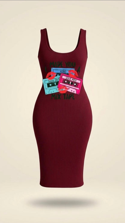 Burgundy Ribbed Bodycon Midi Dress | Graphic Tape Print Stretch Dress – Statement Street Style